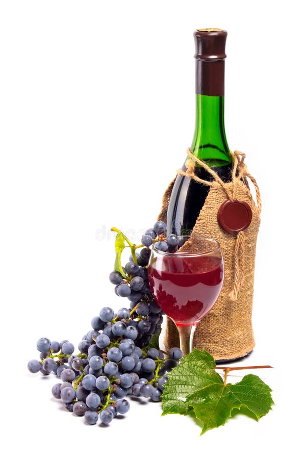 Anordnung für Trauben mit einer Flasche Wein und gl