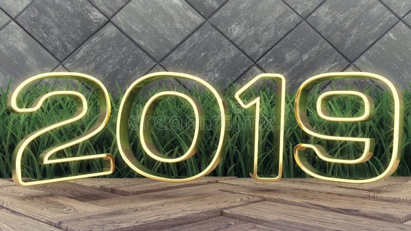 2019 anos novo feliz Números 2019 do ouro da ilustração do feriado 3d Em um fundo de madeira Grama verde Projeto na moda da tampa fotos de stock 2019 anos novo feliz Números 2019 do ouro da ilustração do feriado 3d Em um fundo de madeira Grama verde Projeto na moda da tampa fotos de stock