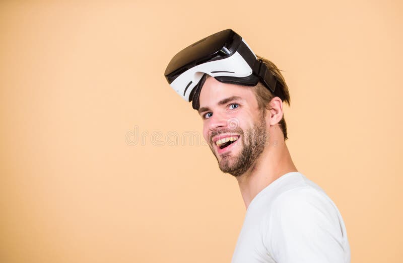 Another Reality is Here. Man Wear Wireless VR Glasses Headset. Digital