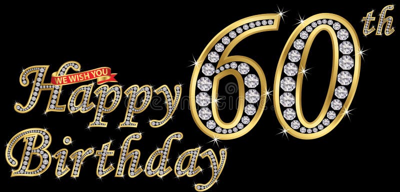 60 ans de signe d'or de joyeux anniversaire avec des diamants, illust de vecteur