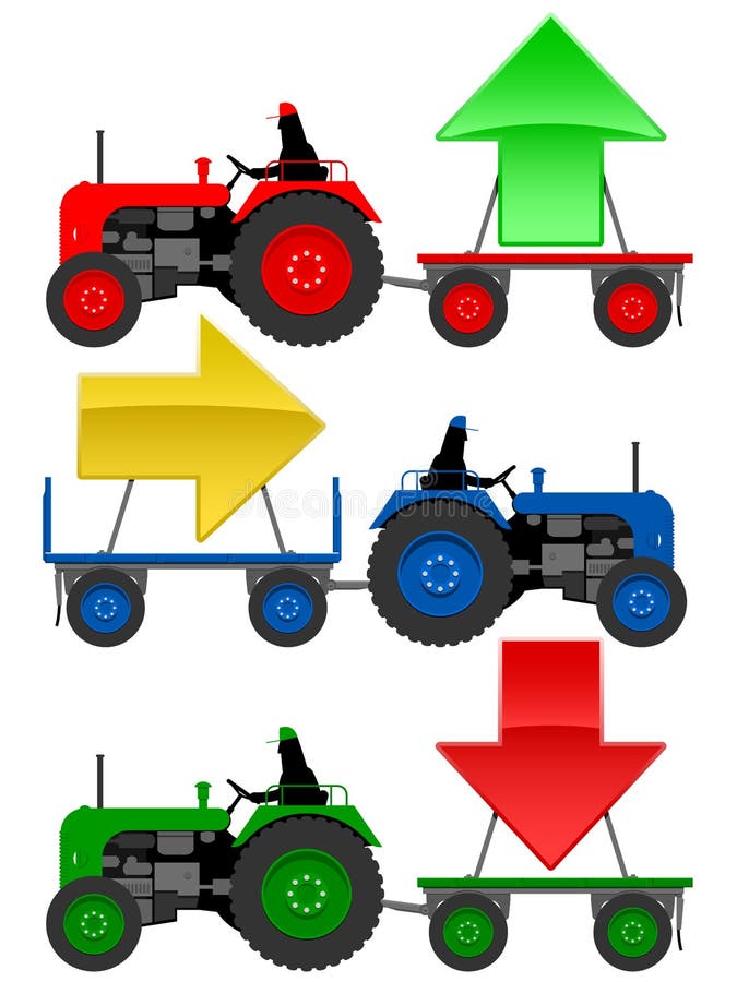 Set of tractors pulling hangers with trend arrows. Set of tractors pulling hangers with trend arrows