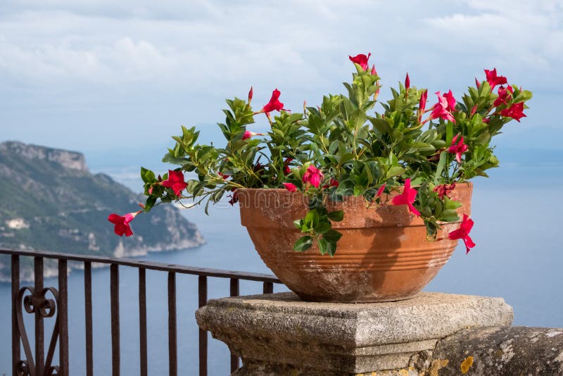 Ansicht der Schüssel Blumen und des Mittelmeeres von der Terrasse von Unendlichkeit an den Gärten des Landhauses Cimbrone, Ravell lizenzfreies stockbild Ansicht der Schüssel Blumen und des Mittelmeeres von der Terrasse von Unendlichkeit an den Gärten des Landhauses Cimbrone, Ravell lizenzfreies stockbild