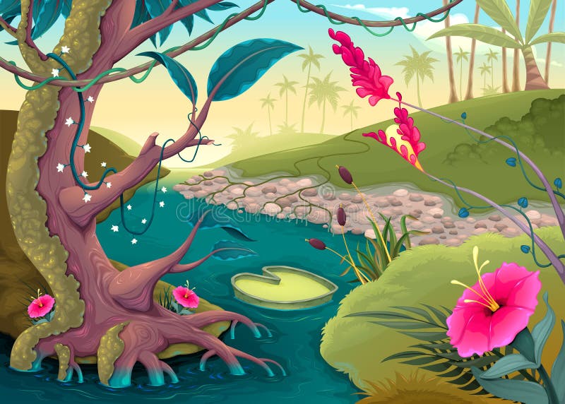 Ansicht über den Wald mit farbigen Blumen und Fluss stock abbildung Ansicht über den Wald mit farbigen Blumen und Fluss stock abbildung