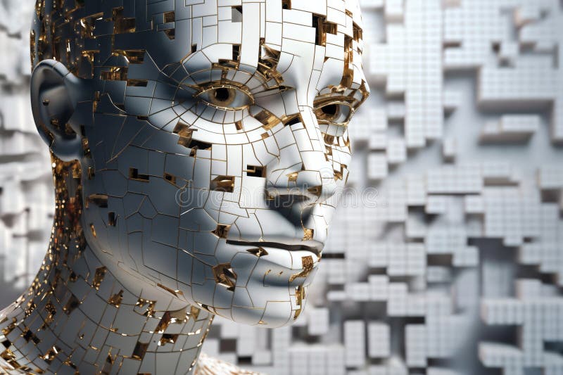 Ansikte på den kvinnliga androida bioroboten nära porträttkoncept för cybernetik och biomekanik samt framtida robotar royaltyfri illustrationer