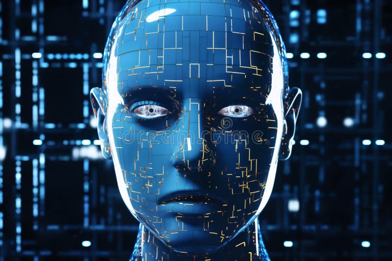 Ansikte på den kvinnliga androida bioroboten nära porträttkoncept för cybernetik och biomekanik samt framtida robotar royaltyfri illustrationer