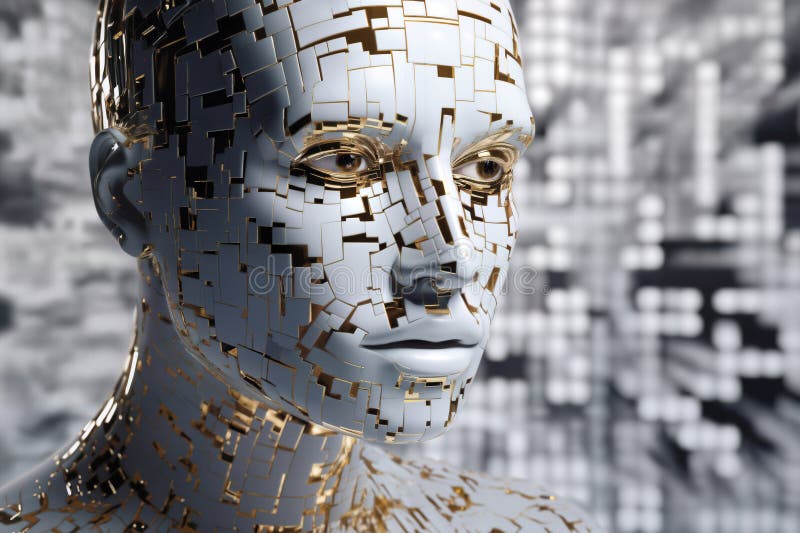 Ansikte på den kvinnliga androida bioroboten nära porträttkoncept för cybernetik och biomekanik samt framtida robotar stock illustrationer