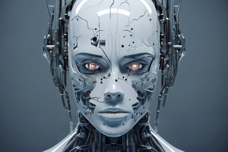 Ansikte på den kvinnliga androida bioroboten nära porträttkoncept för cybernetik och biomekanik samt framtida robotar vektor illustrationer