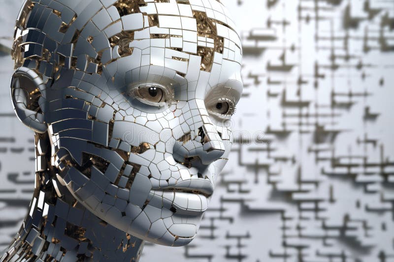 Ansikte på den kvinnliga androida bioroboten nära porträttkoncept för cybernetik och biomekanik samt framtida robotar royaltyfri illustrationer