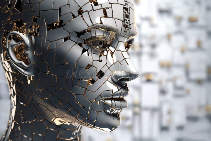 Ansikte på den kvinnliga androida bioroboten nära porträttkoncept för cybernetik och biomekanik samt framtida robotar royaltyfri illustrationer