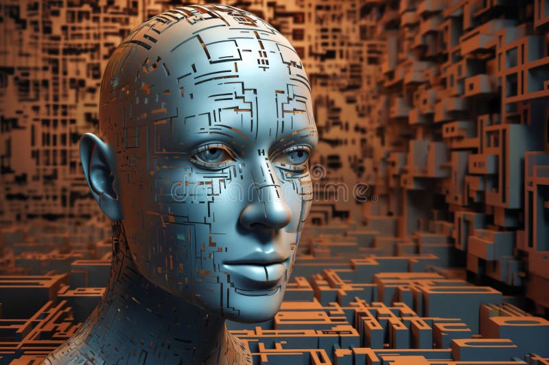 Ansikte på den kvinnliga androida bioroboten nära porträttkoncept för cybernetik och biomekanik samt framtida robotar royaltyfri illustrationer