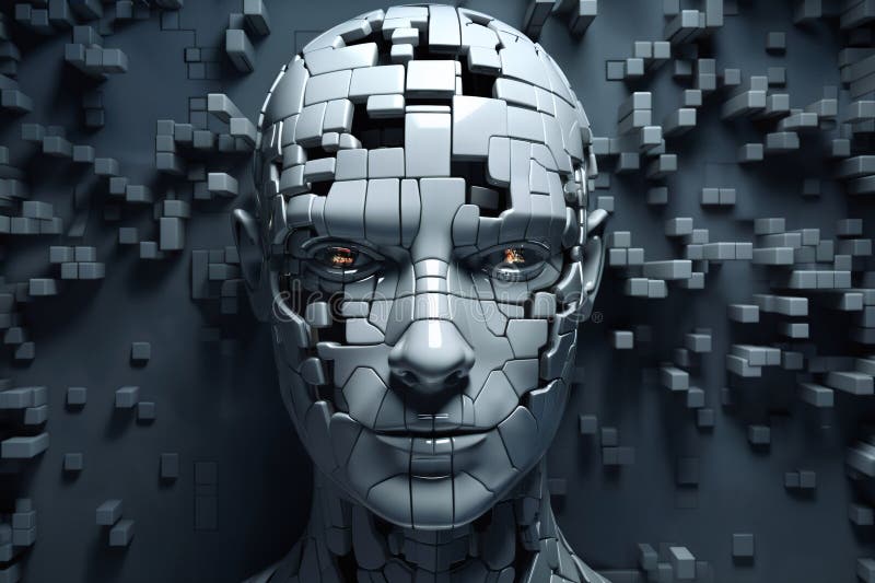 Ansikte på den kvinnliga androida bioroboten nära porträttkoncept för cybernetik och biomekanik samt framtida robotar stock illustrationer