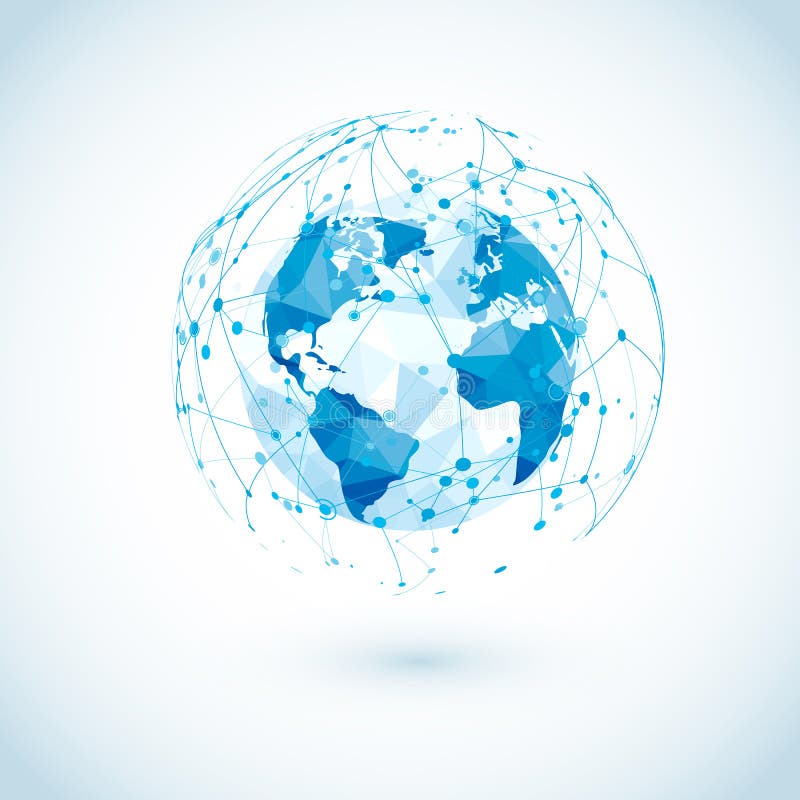 Anslutning för globalt nätverk Låg Polygonal världskarta med abstrakta digitala kommunikationer Prickar och linjer world wide web royaltyfri illustrationer
