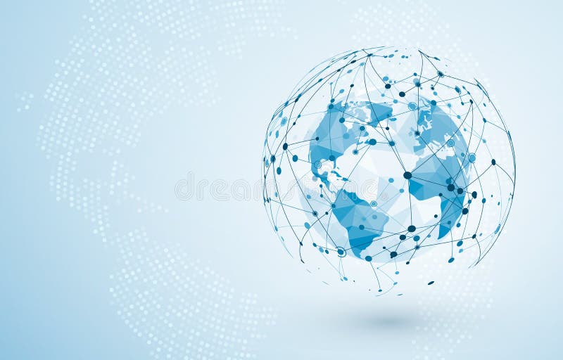 Anslutning för globalt nätverk Stora data eller global social nätverksanslutning Lågt polygonal världskartabegrepp av den globala