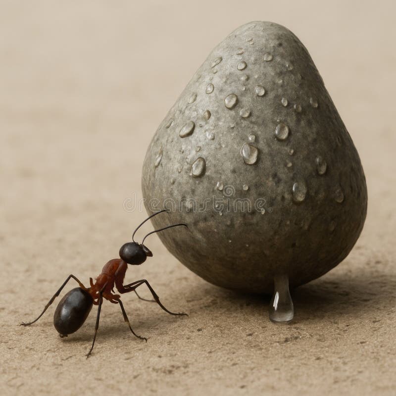 An ant and a drop of water on a stone. Perspective ant stock images, royalty-free photos and pictures