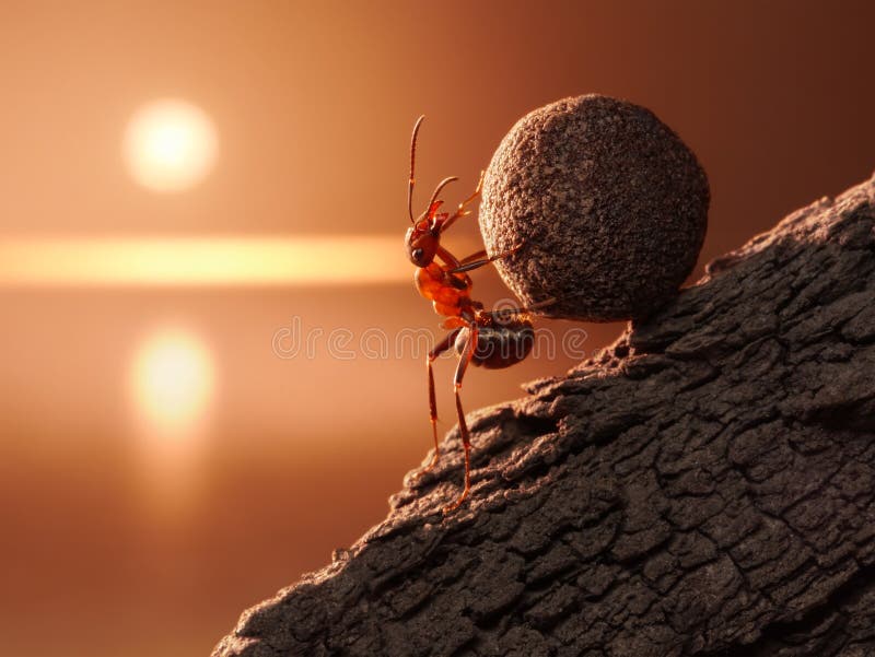 Ant Sisifo rotoli la pietra in salita sulla montagna, concetto.