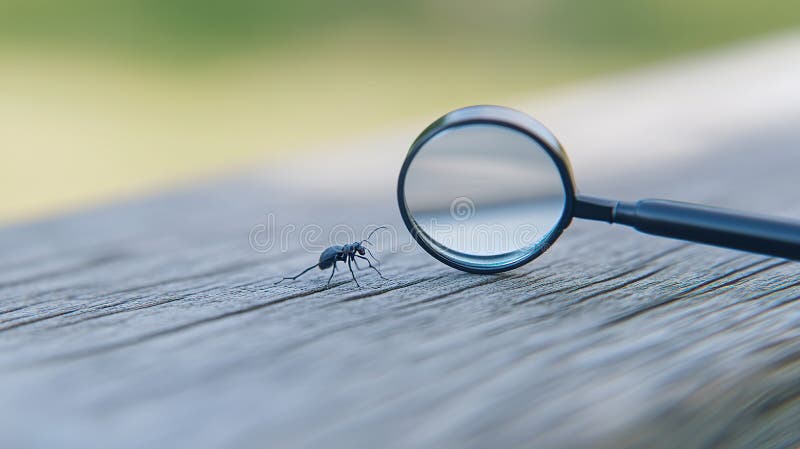 Ant viewed through magnifying glass on wood outdoors. Perspective ant stock images, royalty-free photos and pictures