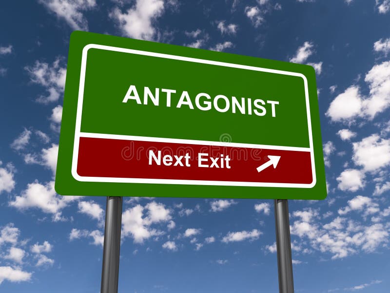 Antagonist next exit traffic sign on blue sky background. Types conflict stock images, royalty-free photos and pictures