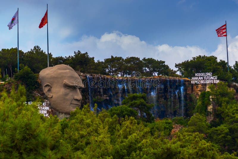 ANTALYA, TURKEY: Statue of Mustafa Kemal Ataturk and an artificial waterfall.