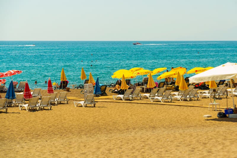 Antalya Turkey Sun Loungers And Umbrellas On The Lara Beach On A Sunny Summer Day In Antalya