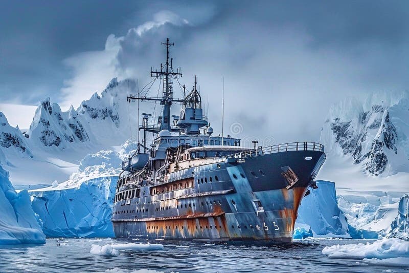 Antarktyczna góra lodowa i statek oceaniczny. Antarktyczna góra lodowa z statkiem wycieczkowym w oceanie.