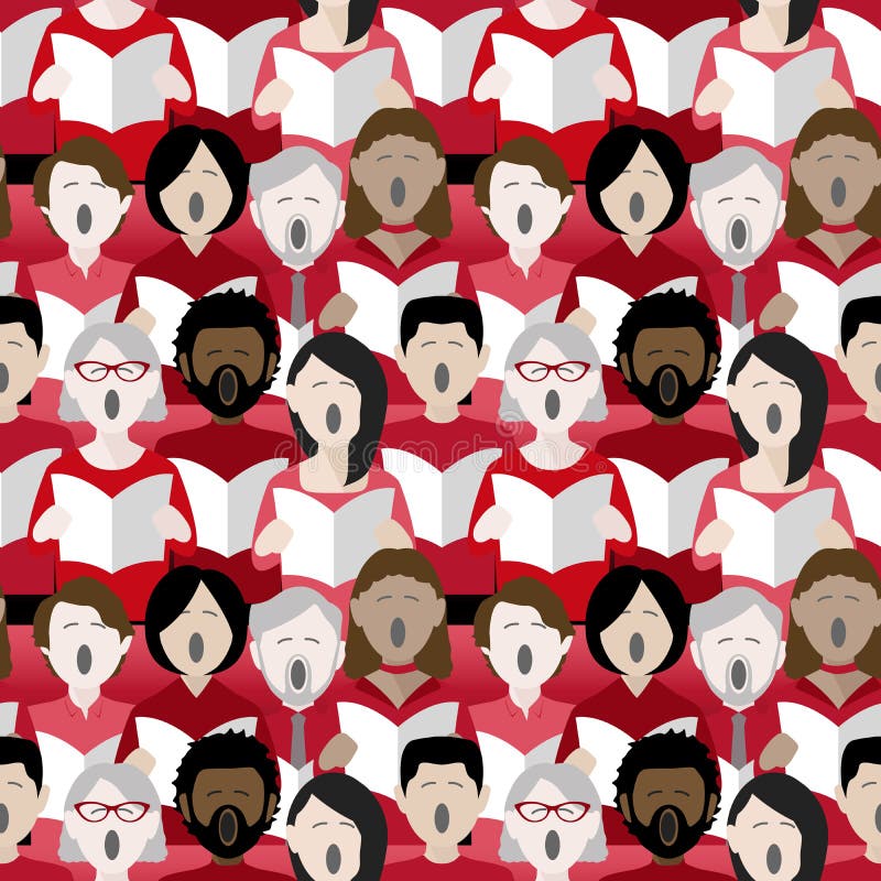 Diverse group of adults singing christmas carols in a multicultural choir. Seamless repeat background pattern. Diverse group of adults singing christmas carols in a multicultural choir. Seamless repeat background pattern