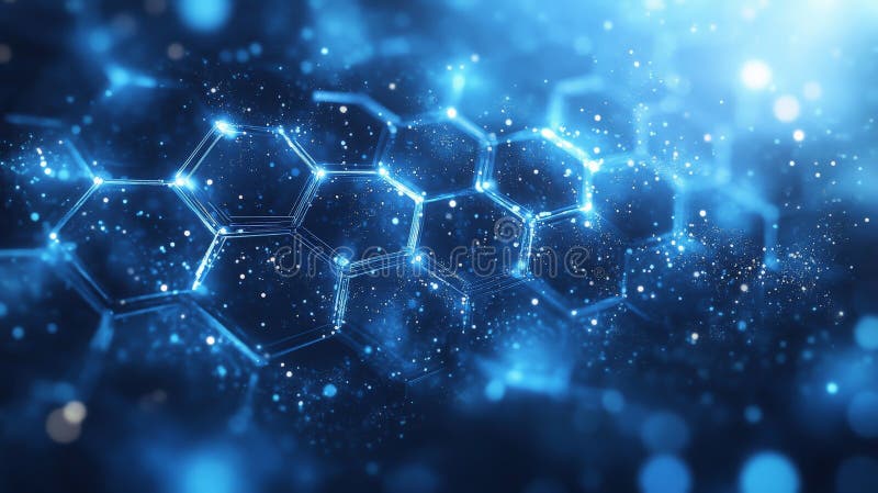 Antecedentes moleculares del hexágono azul geométrico para tecnología e innovación. Un diseño abstracto visualmente impresionante con formas hexagonales y estructura molecular en tonos azules suaves perfecto para presentaciones de blogs tecnológicos y materiales enfocados a la innovación. Ideal para un contenido moderno y limpio