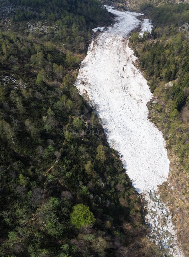 Antena: ogromna śnieżna lawina spadać w wiośnie w wysokogórskiej dolinie covedered lasowym lasem, widok od above obraz stock Antena: ogromna śnieżna lawina spadać w wiośnie w wysokogórskiej dolinie covedered lasowym lasem, widok od above obraz stock