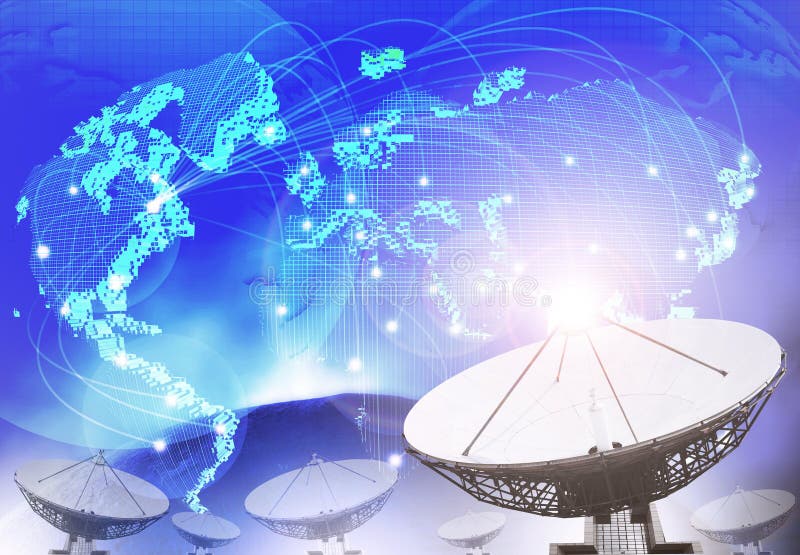 Antena satelitarna z błękitnym tematem światowa złączona technologia my ilustracja wektor