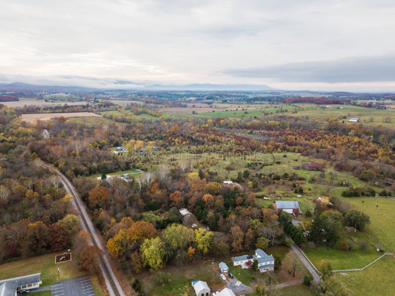 Aerial of the small town of Elkton, Virginia in the Shenandoah Valley with Mountains in the Far Distance. Aerial of the small town of Elkton, Virginia in the Shenandoah Valley with Mountains in the Far Distance