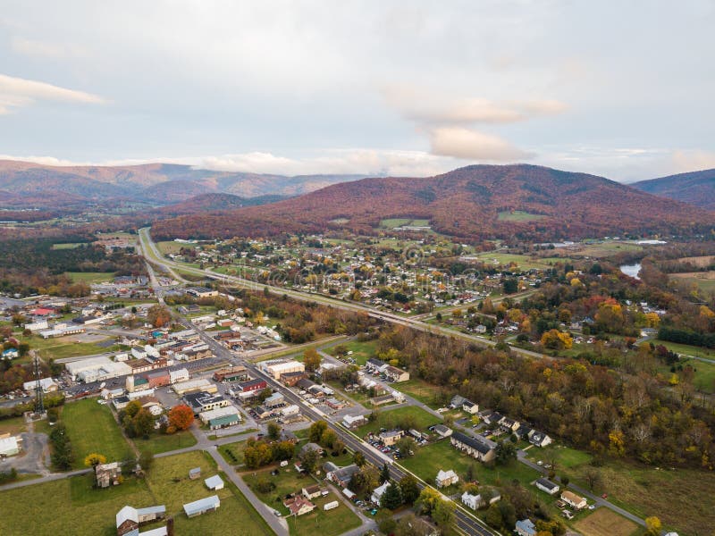 Aerial of the small town of Elkton, Virginia in the Shenandoah Valley with Mountains in the Far Distance. Aerial of the small town of Elkton, Virginia in the Shenandoah Valley with Mountains in the Far Distance