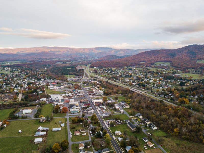 Aerial of the small town of Elkton, Virginia in the Shenandoah Valley with Mountains in the Far Distance. Aerial of the small town of Elkton, Virginia in the Shenandoah Valley with Mountains in the Far Distance