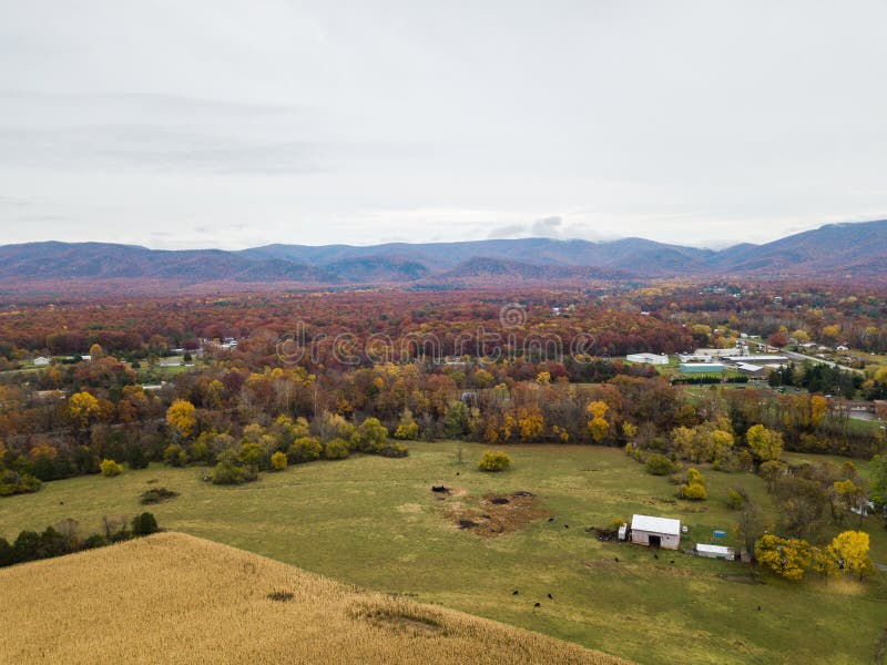 Aerial of the small town of Elkton, Virginia in the Shenandoah Valley with Mountains in the Far Distance. Aerial of the small town of Elkton, Virginia in the Shenandoah Valley with Mountains in the Far Distance