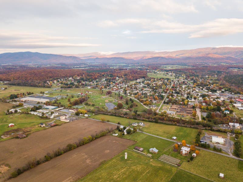 Aerial of the small town of Elkton, Virginia in the Shenandoah Valley with Mountains in the Far Distance. Aerial of the small town of Elkton, Virginia in the Shenandoah Valley with Mountains in the Far Distance