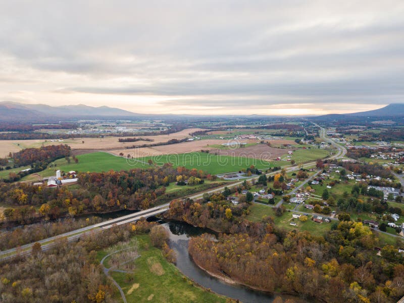 Aerial of the small town of Elkton, Virginia in the Shenandoah Valley with Mountains in the Far Distance. Aerial of the small town of Elkton, Virginia in the Shenandoah Valley with Mountains in the Far Distance