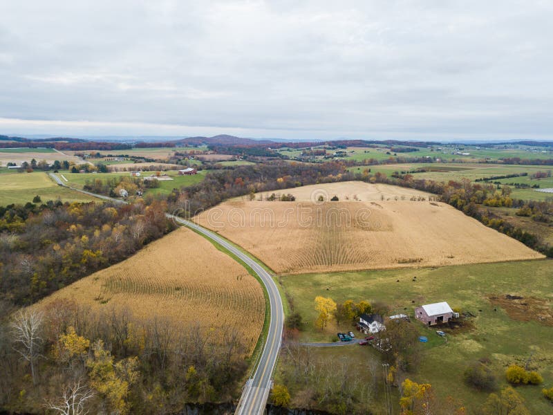 Aerial of the small town of Elkton, Virginia in the Shenandoah Valley with Mountains in the Far Distance. Aerial of the small town of Elkton, Virginia in the Shenandoah Valley with Mountains in the Far Distance