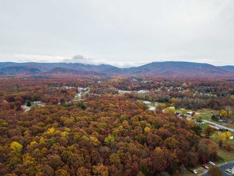 Aerial of the small town of Elkton, Virginia in the Shenandoah Valley with Mountains in the Far Distance. Aerial of the small town of Elkton, Virginia in the Shenandoah Valley with Mountains in the Far Distance