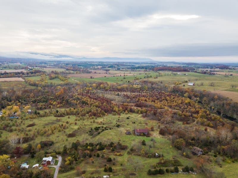 Aerial of the small town of Elkton, Virginia in the Shenandoah Valley with Mountains in the Far Distance. Aerial of the small town of Elkton, Virginia in the Shenandoah Valley with Mountains in the Far Distance