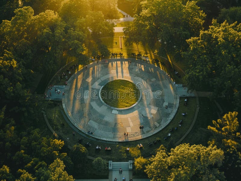 Antenna di fontana del parco. Vista aerea di un parco con una fontana centrale e una verde circostante generata dall'AI