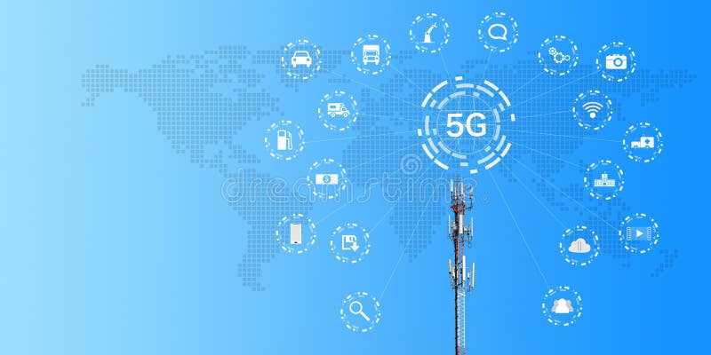 Antenna with 5G Wireless Signal Technology and World Map Background in 
