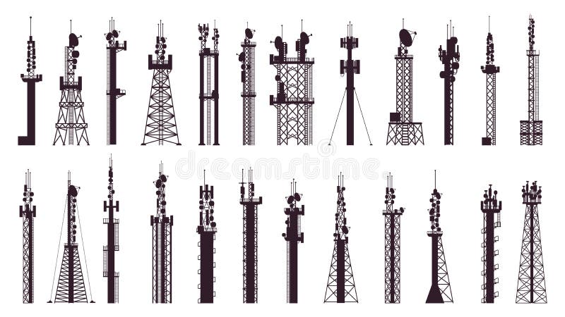 Antenna a torre di comunicazione. stazione di segnale radio per la tecnologia broadcast. illustrazione vettoriale della torre cell