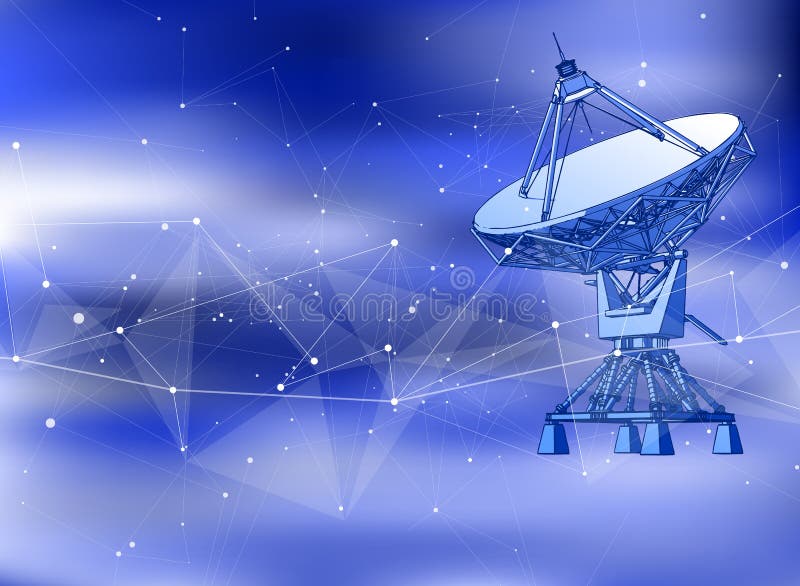 Anteny Satelitarnej antena Doppler radar, cyfrowa fala i błękitny technologii tło - ilustracja wektor