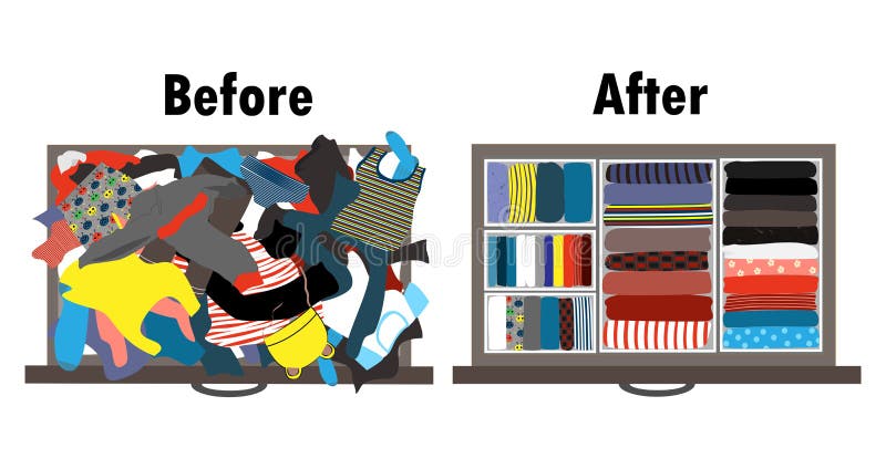 Antes e depois de ordenar o vestuário das crianças na gaveta Roupa desarrumado e roupa agradavelmente arranjada nas pilhas