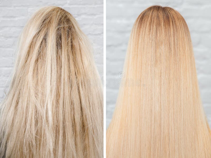 Antes e depois do tratamento do straightenin Queratina doente, cortada e saud?vel dos cuidados capilares imagens de stock Antes e depois do tratamento do straightenin Queratina doente, cortada e saud?vel dos cuidados capilares imagens de stock
