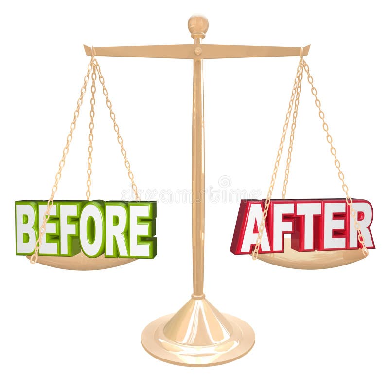 Antes y después comparación de tiempo de los resultados de la escala de las palabras de la nueva stock de ilustración Antes y después comparación de tiempo de los resultados de la escala de las palabras de la nueva stock de ilustración