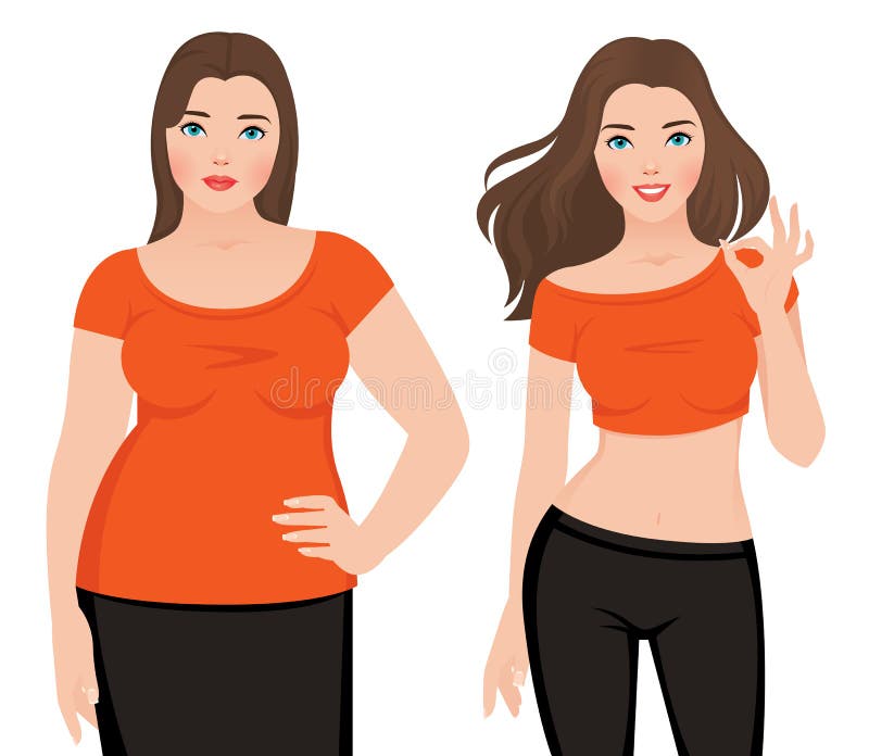 Before and after weight loss fat and slim woman on a white background vector illustration. Before and after weight loss fat and slim woman on a white background vector illustration