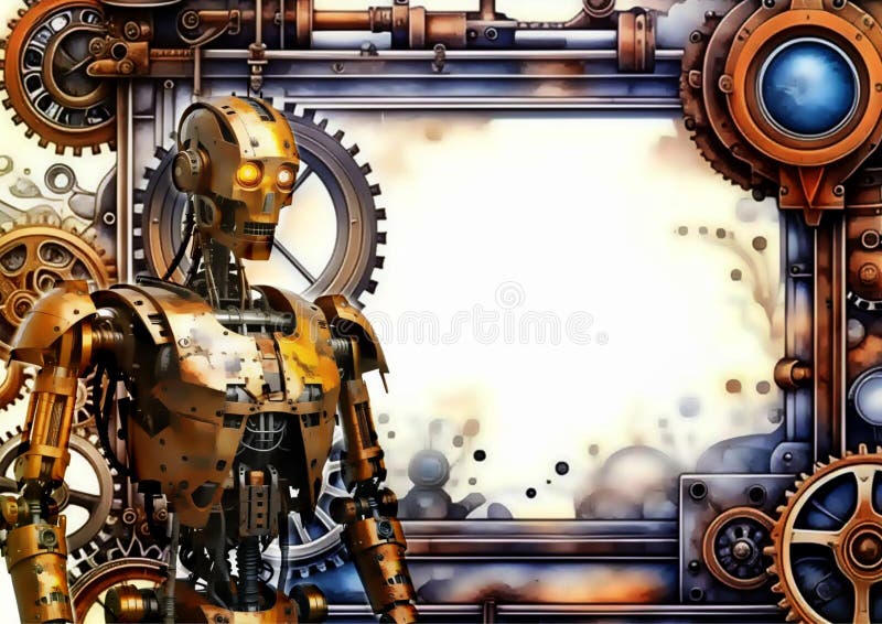 Anthropogenic rusty robot, on the background of an empty steampunk banner. vector illustration