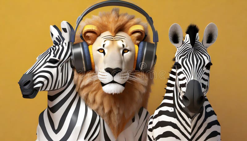 Anthropomorphic Lion With Bauhaus Headphone And Zebra vector illustration
