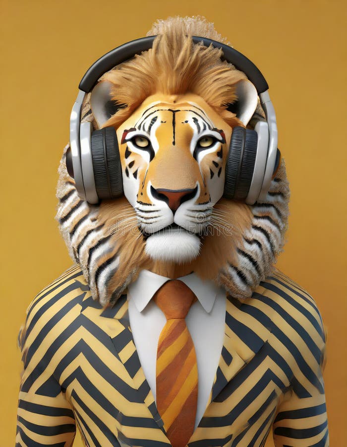 Anthropomorphic Lion With Bauhaus Headphone And Zebra royalty free illustration