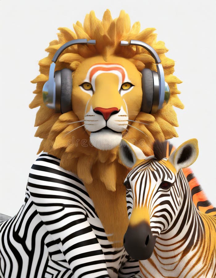 Anthropomorphic Lion With Bauhaus Headphone And Zebra stock illustration