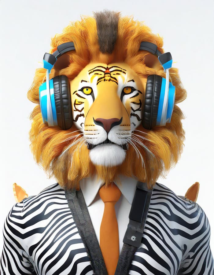 Anthropomorphic Lion With Bauhaus Headphone And Zebra vector illustration